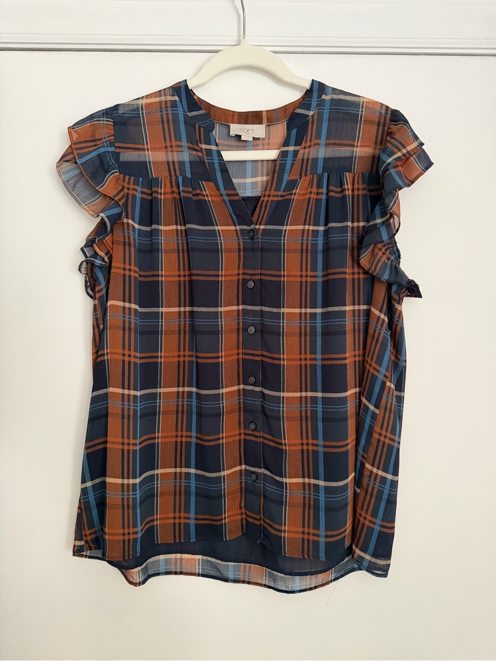 LOFT Navy and Rust Plaid Ruffle-Sleeve Button Front Blouse